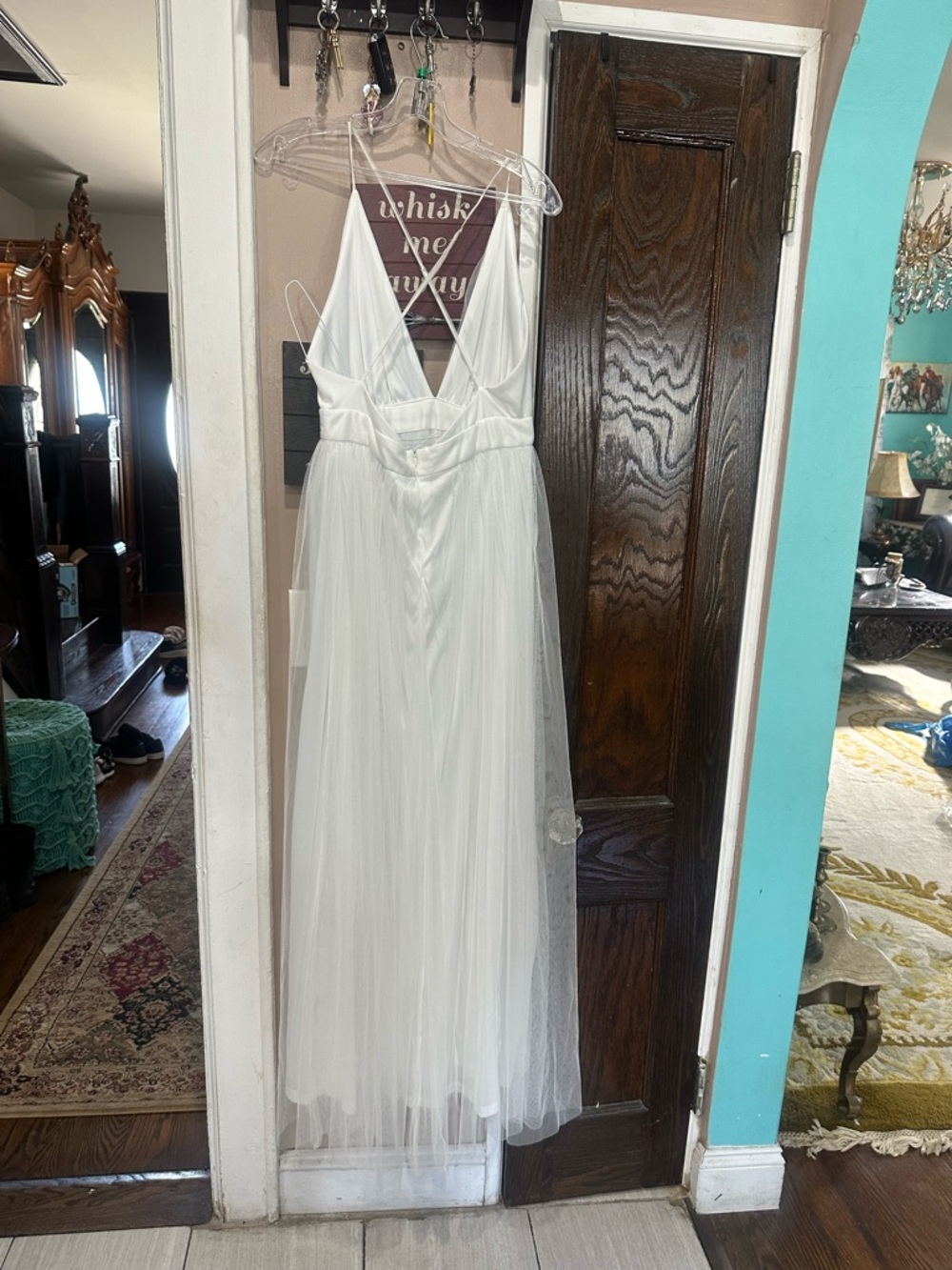 Windsor White Strapless V-Neck Tulle Maxi Gown with zipper back